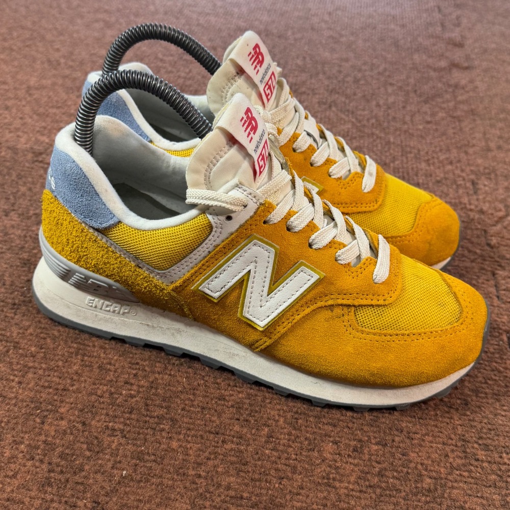 B- shoes nice New Balance 574 Women 7 Yellow Blue Suede Mesh Sneakers WL574YJ2
